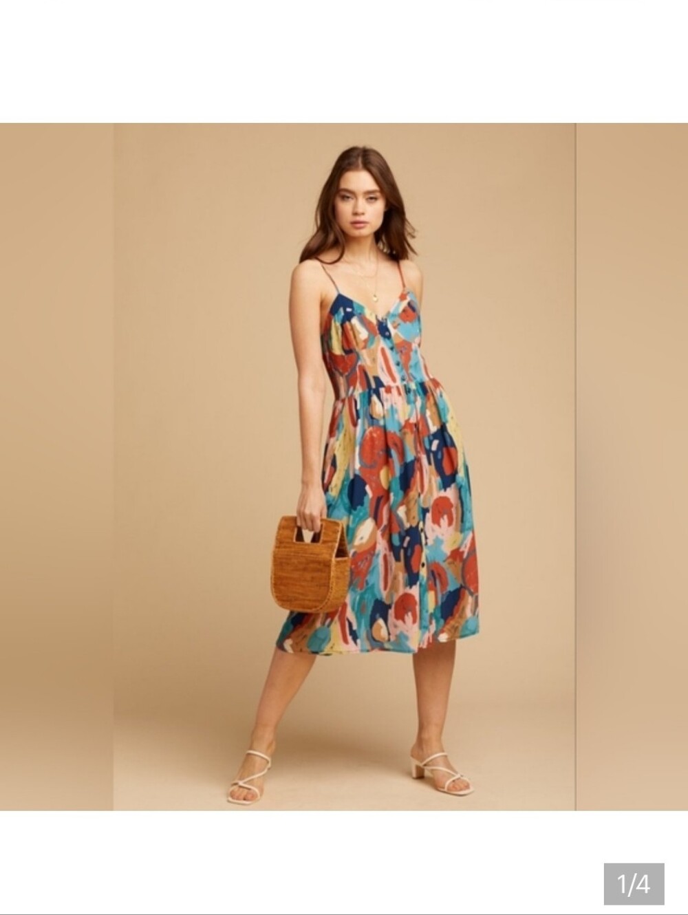 Rolla's Eve Painted Tulip Button-Up Midi Dress rust orange multi-print SMALL